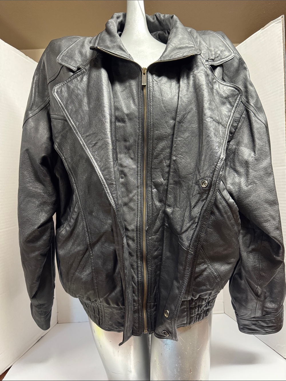 Wilson Black Leather Bomber Jacket with Zip Front